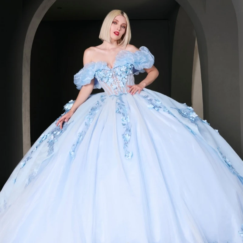 Sky Blue Shiny Quinceanera Dresses Off Shoulder Ball Gown Sweet 16 Dress Beads Applique Flower Tull Birthday Party Vestidos 15
Sky Blue Shiny Quinceanera Dresses Off Shoulder Ball Gown Sweet 16 Dress Beads Applique Flower Tull Birthday Party Vestidos 15