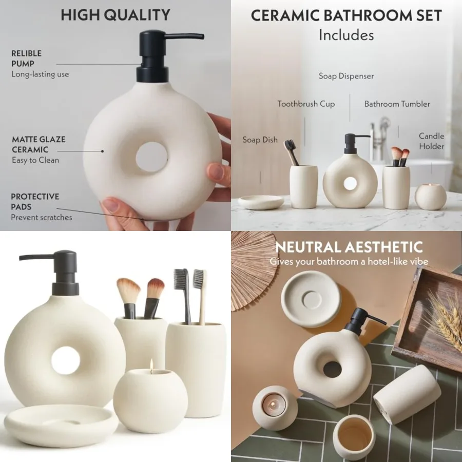 Ceramic Bathroom Accessory Set, 5 Pcs - Soap Dispenser 16 Oz, Toothbrush Cup, Toothbrush Holder, Soap Dish, Candle Holder - Bei
Ceramic Bathroom Accessory Set, 5 Pcs - Soap Dispenser 16 Oz, Toothbrush Cup, Toothbrush Holder, Soap Dish, Candle Holder - Bei