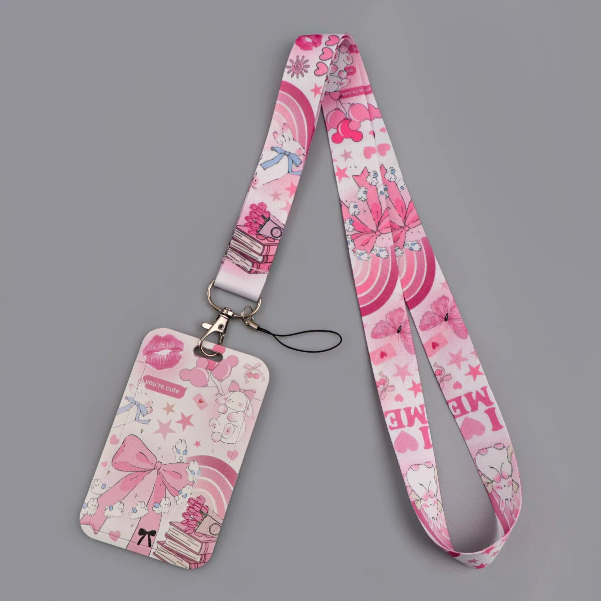 Pink Bow & Rabbit Lanyard Students ID Card Badge Holder Hanging Rope Neck Strap Keychain Keyring Accessories Gifts