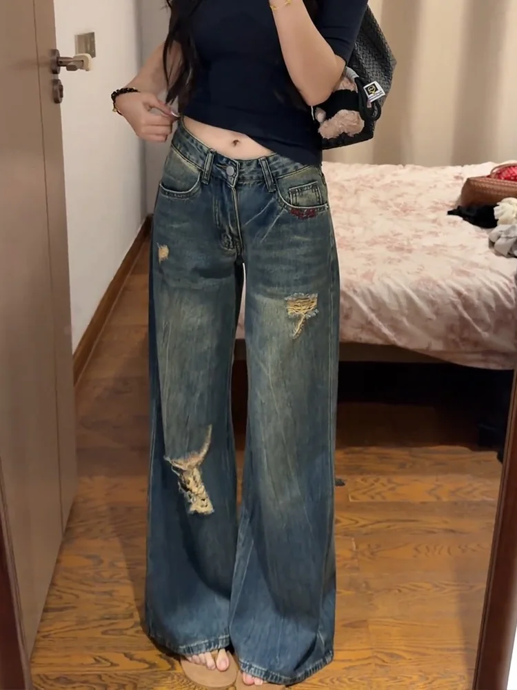 Retro American Street Style Women's Jeans Distressed Washed Loose Floor-Length Pants Summer Fashion Casual Natural Waist
Retro American Street Style Women's Jeans Distressed Washed Loose Floor-Length Pants Summer Fashion Casual Natural Waist