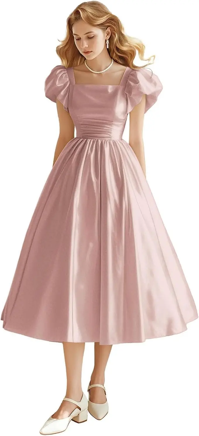 Satin Tea Length Prom Dresses 2026 with Pockets Short Sleeves Formal Dresses with Bow Evening Dresses Party Dress Women Elegant
Satin Tea Length Prom Dresses 2026 with Pockets Short Sleeves Formal Dresses with Bow Evening Dresses Party Dress Women Elegant