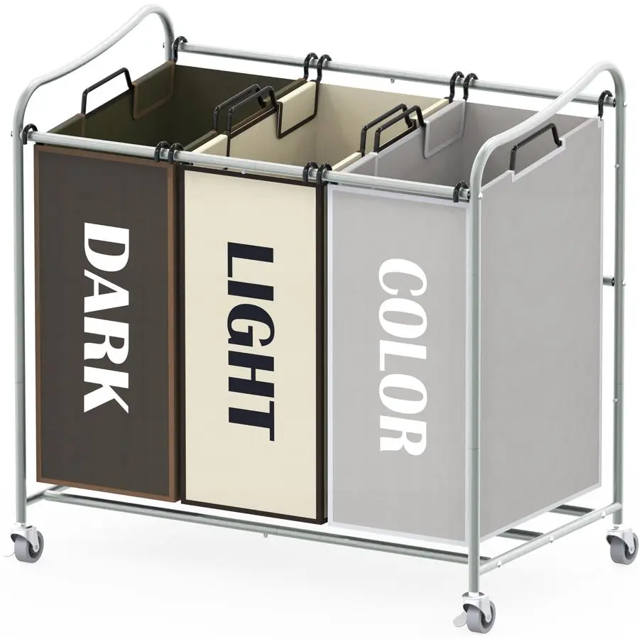 Прочная тележка-органайзер для белья на 3 мешка, серебристая, с тремя отделениями, съемными мешками и блокируемыми колесами
Прочная тележка-органайзер для белья на 3 мешка, серебристая, с тремя отделениями, съемными мешками и блокируемыми колесами