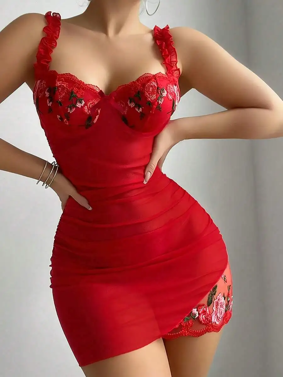 Red Floral Embroidered Lace Nightgown For Women V-Neck Sleeveless Mini Dress
Red Floral Embroidered Lace Nightgown For Women V-Neck Sleeveless Mini Dress