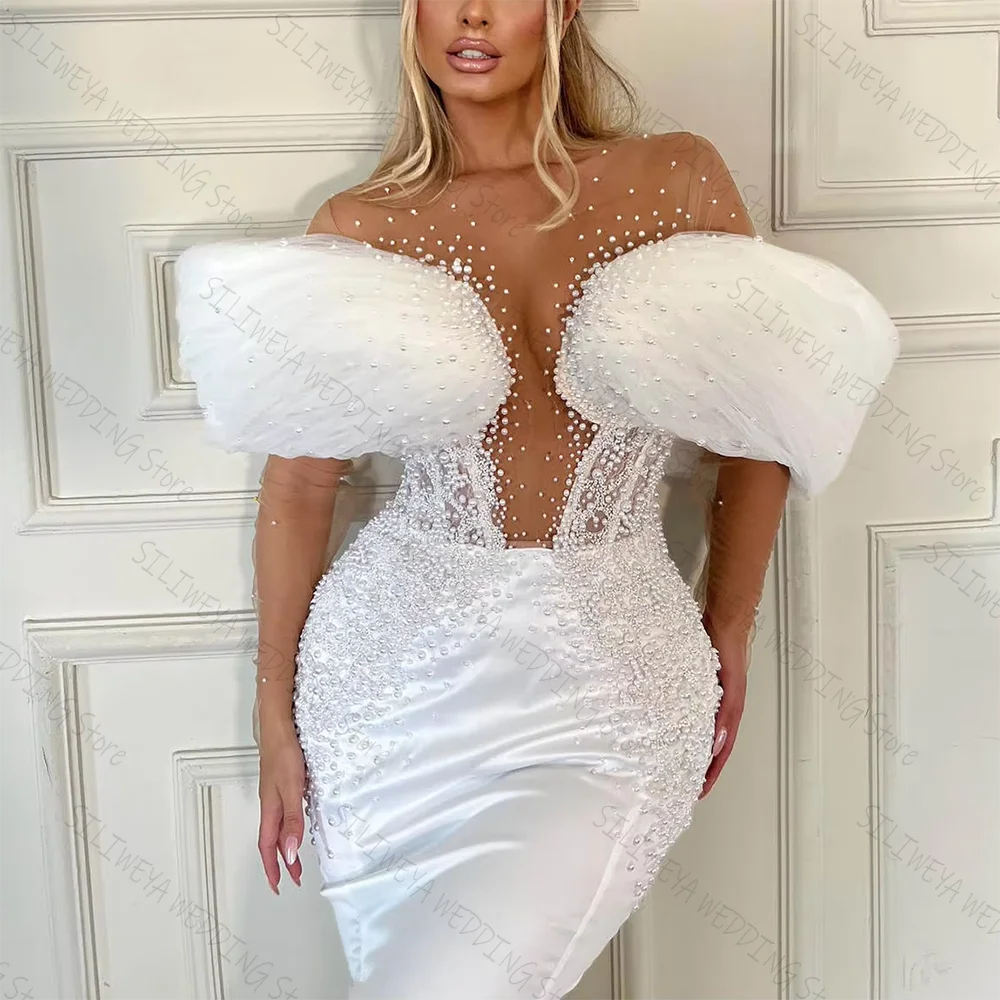 White Sexy Mermaid Evening Dresses For Women Sheer Neck Long Sleeves Bridal Gown Pearls Sweep Train Customized Dress
White Sexy Mermaid Evening Dresses For Women Sheer Neck Long Sleeves Bridal Gown Pearls Sweep Train Customized Dress