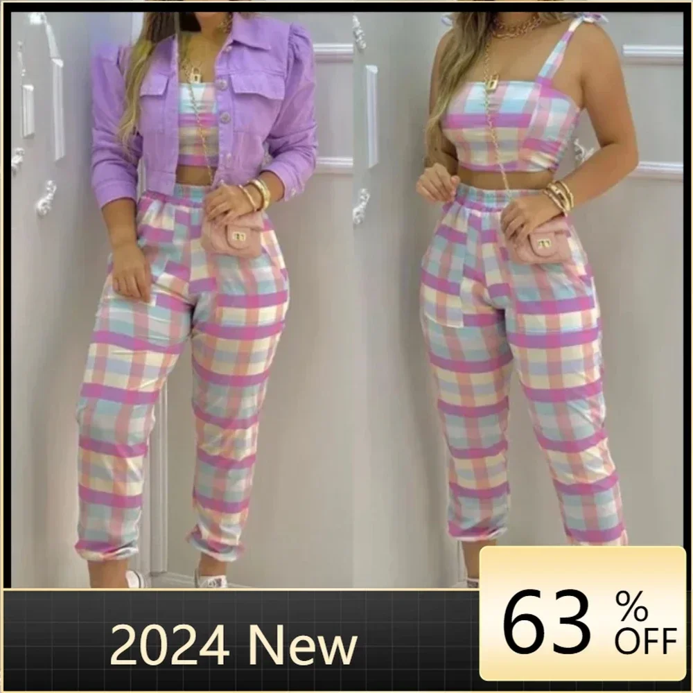 Sports suit ladies two-piece plaid color block top and pocket design pants suit
Sports suit ladies two-piece plaid color block top and pocket design pants suit