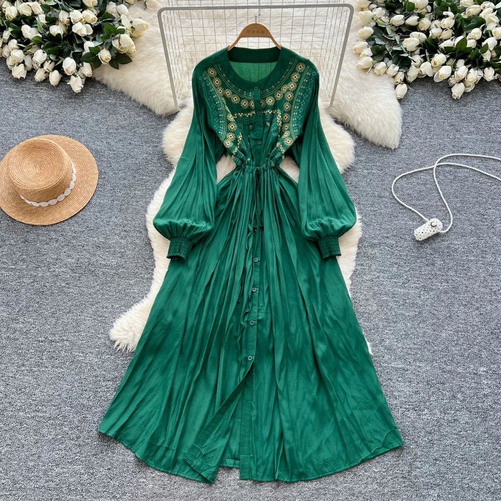 Women Chic Elegant long sleeve lace-up button Embroidered print slim Long dress Sexy Evening Fashion women clothing
Women Chic Elegant long sleeve lace-up button Embroidered print slim Long dress Sexy Evening Fashion women clothing