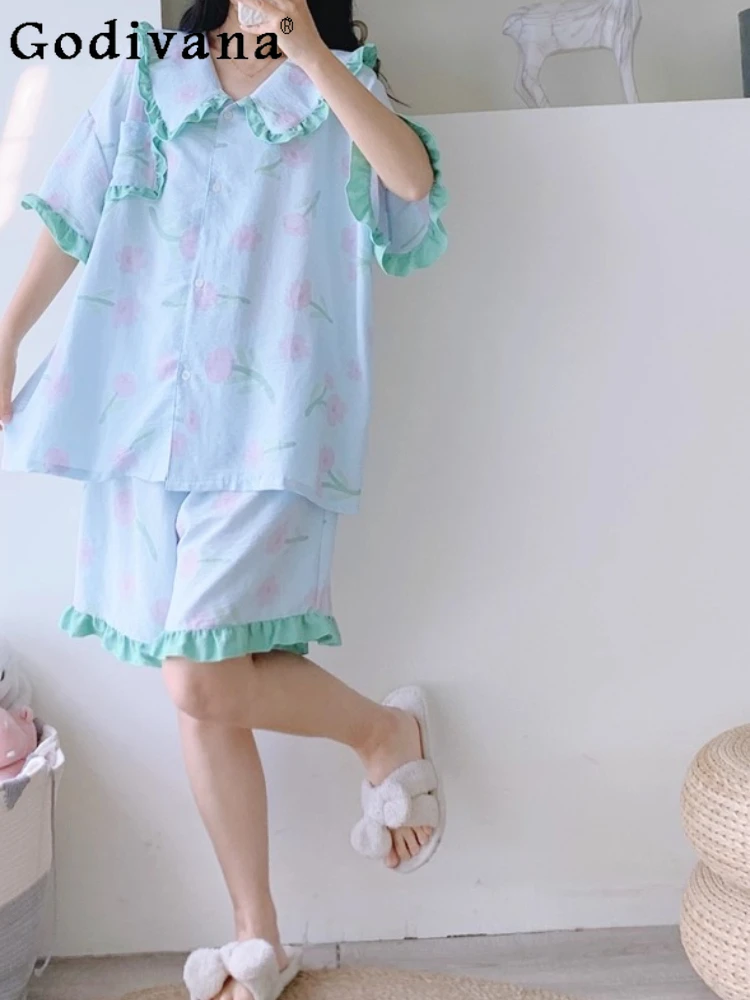 Summer Cloud Print Woven Cotton Shorts Short Sleeve Princess Pajamas Two-piece Set Girl Ruffles Peter Pan Collar Loose Homewear
Summer Cloud Print Woven Cotton Shorts Short Sleeve Princess Pajamas Two-piece Set Girl Ruffles Peter Pan Collar Loose Homewear