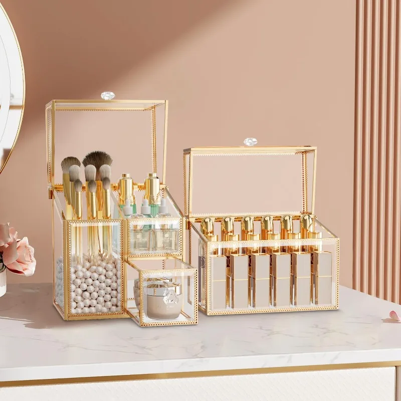 Glass Makeup Organizer Set – Vanity Organizer with 18-Slot Lipstick Organizer & Makeup Brush Holder with Lid
Glass Makeup Organizer Set – Vanity Organizer with 18-Slot Lipstick Organizer & Makeup Brush Holder with Lid