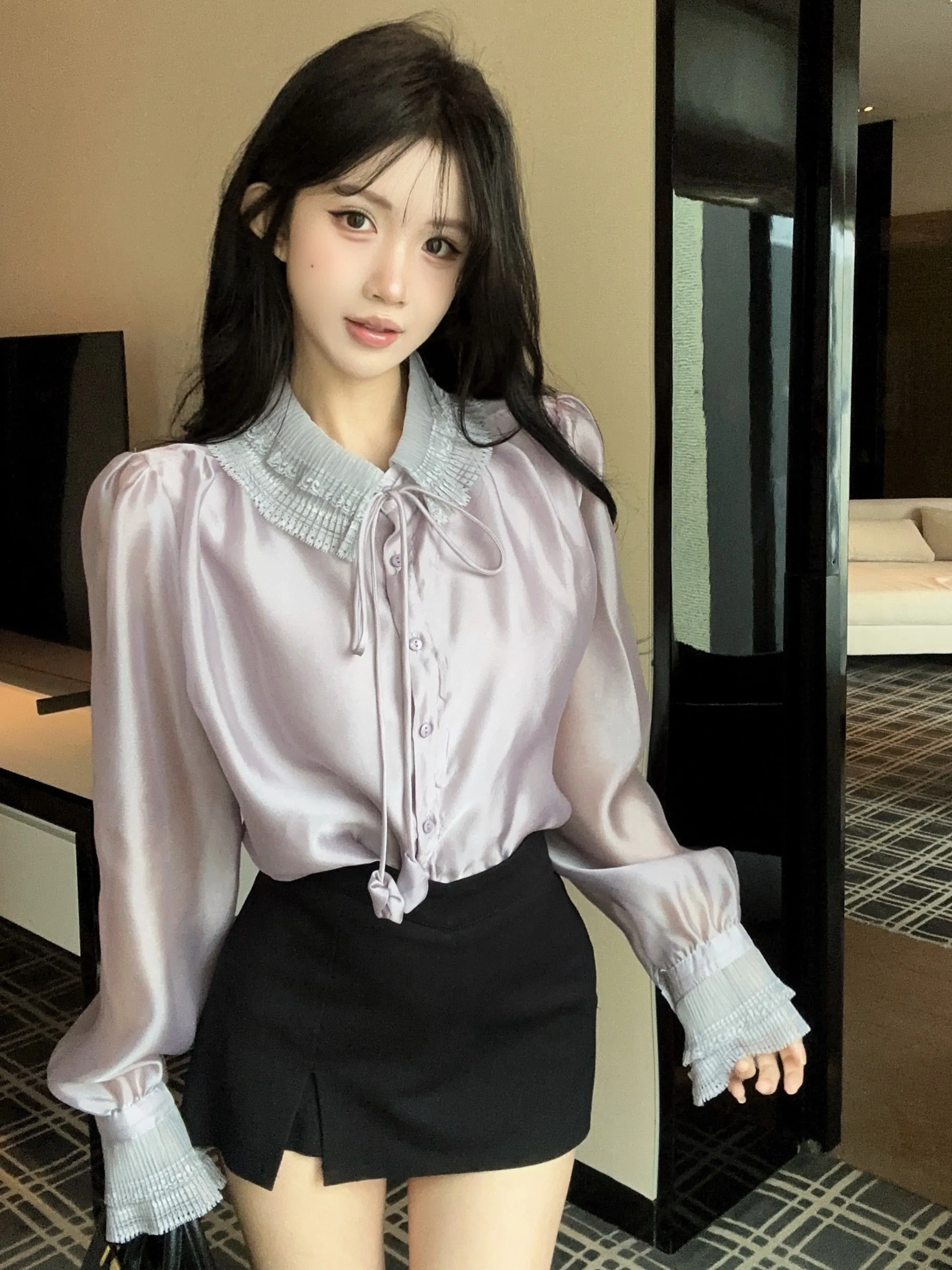 Ele Lace Night Long Sve irt Women's Spring Light Maturi Silk Satin Doll Collar Top Base irt Sweet Sle Loos...
Ele Lace Night Long Sve irt Women's Spring Light Maturi Silk Satin Doll Collar Top Base irt Sweet Sle Loos...