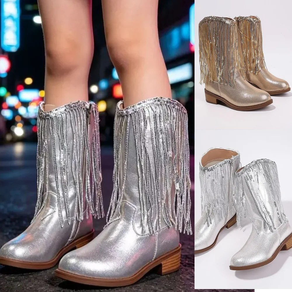 Teen Girls Sparkly Silver Gold Fringe Western Cowboy Boots, Low Heel Side Zip Retro Concert Stage Outfit Party Fashion Boots
Teen Girls Sparkly Silver Gold Fringe Western Cowboy Boots, Low Heel Side Zip Retro Concert Stage Outfit Party Fashion Boots