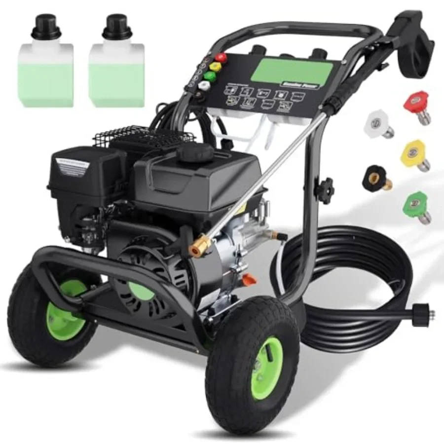 Commercial gas pressure washer for home, car, fence, driveway, yard use; steel frame; green; 4200 PSI/ 4 GPM, foam bottle, 9 wh
Commercial gas pressure washer for home, car, fence, driveway, yard use; steel frame; green; 4200 PSI/ 4 GPM, foam bottle, 9 wh