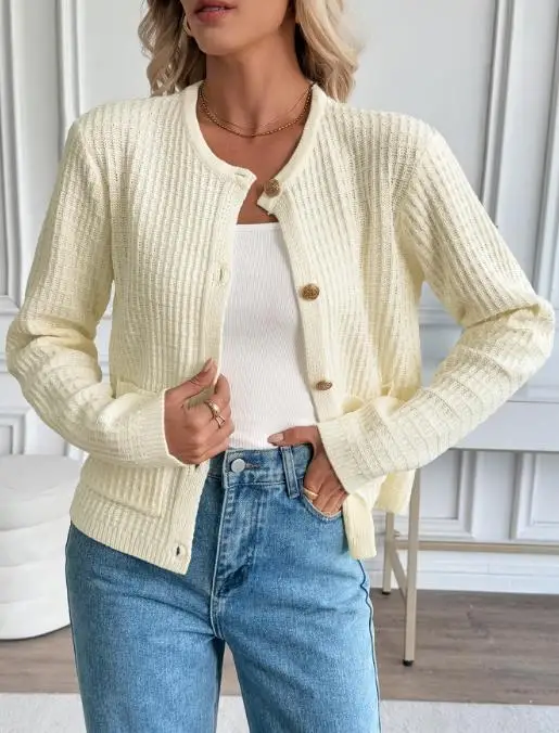 2025 New Autumn and Winter Casual Korean Style Metal Button Cardigan Solid Color Sweater Jacket for Women
2025 New Autumn and Winter Casual Korean Style Metal Button Cardigan Solid Color Sweater Jacket for Women