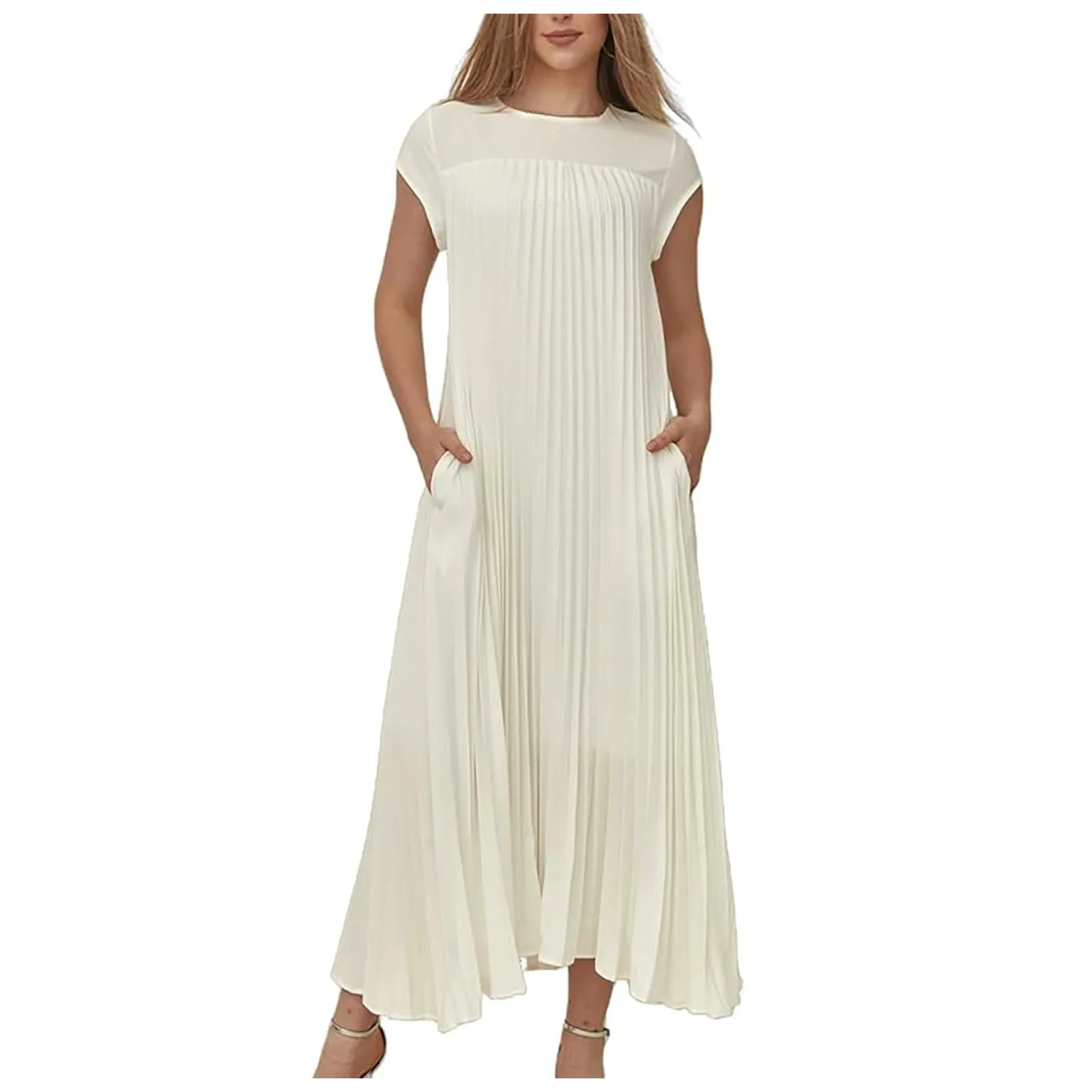 Women's Fashion Pleated Long Dress Summer Round Neck Short Sleved Solid Color Maxi Dress Female Loose Fit Ankle Length Dresses
Women's Fashion Pleated Long Dress Summer Round Neck Short Sleved Solid Color Maxi Dress Female Loose Fit Ankle Length Dresses