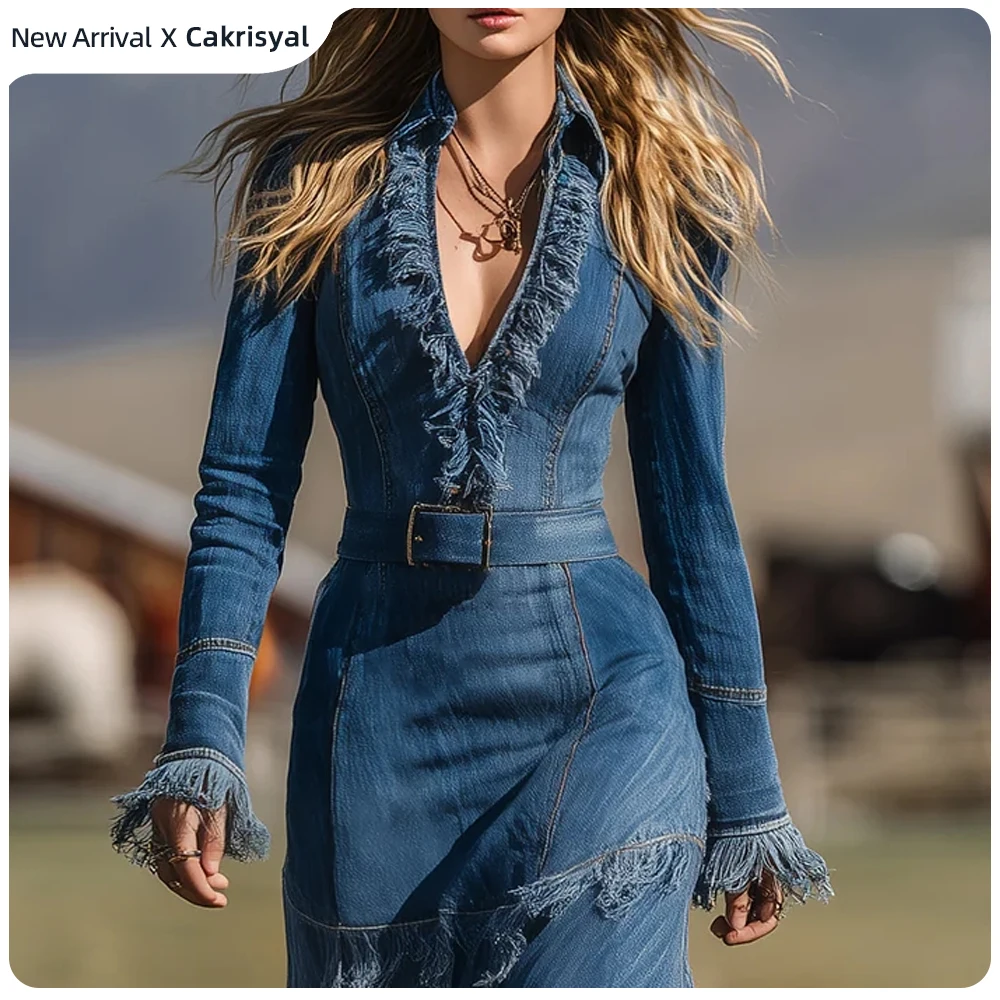 Women's Western Denim Fringe Maxi Dress Washed Vintage V-Neck High Waist WIth Belt Flared Sleeves Autumn Chic Long Denim Dresses
Women's Western Denim Fringe Maxi Dress Washed Vintage V-Neck High Waist WIth Belt Flared Sleeves Autumn Chic Long Denim Dresses