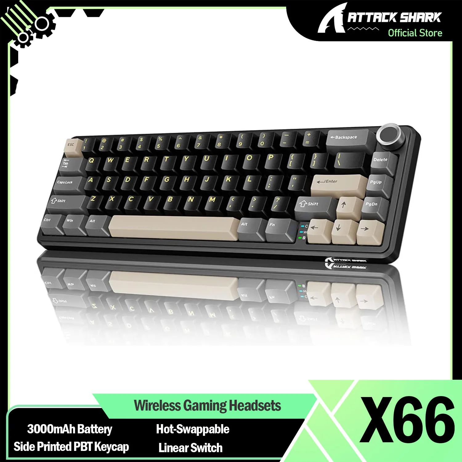 ATTACK SHARK X66 65% Wireless Mechanical Keyboard with Knob,Gasket Hot Swap RGB Keyboard, Linear Switch, Side Printed PBT Keycap
ATTACK SHARK X66 65% Wireless Mechanical Keyboard with Knob,Gasket Hot Swap RGB Keyboard, Linear Switch, Side Printed PBT Keycap