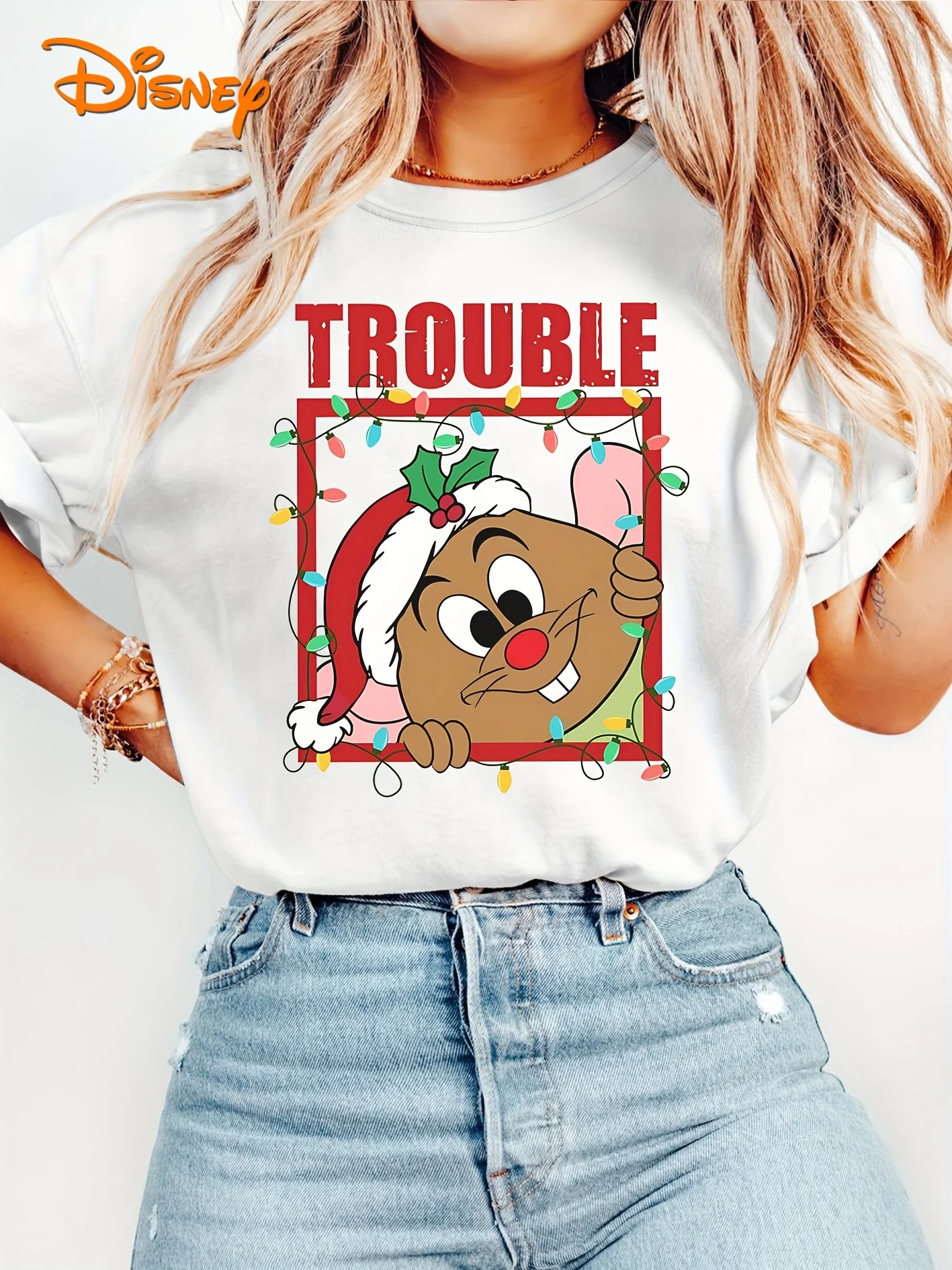 Disney Ladies' Christmas "Cinderella" Jack Mouse and Christmas Hat, "TROUBLE" Letter Print Soft Elastic Round Neck Casual
Disney Ladies' Christmas "Cinderella" Jack Mouse and Christmas Hat, "TROUBLE" Letter Print Soft Elastic Round Neck Casual