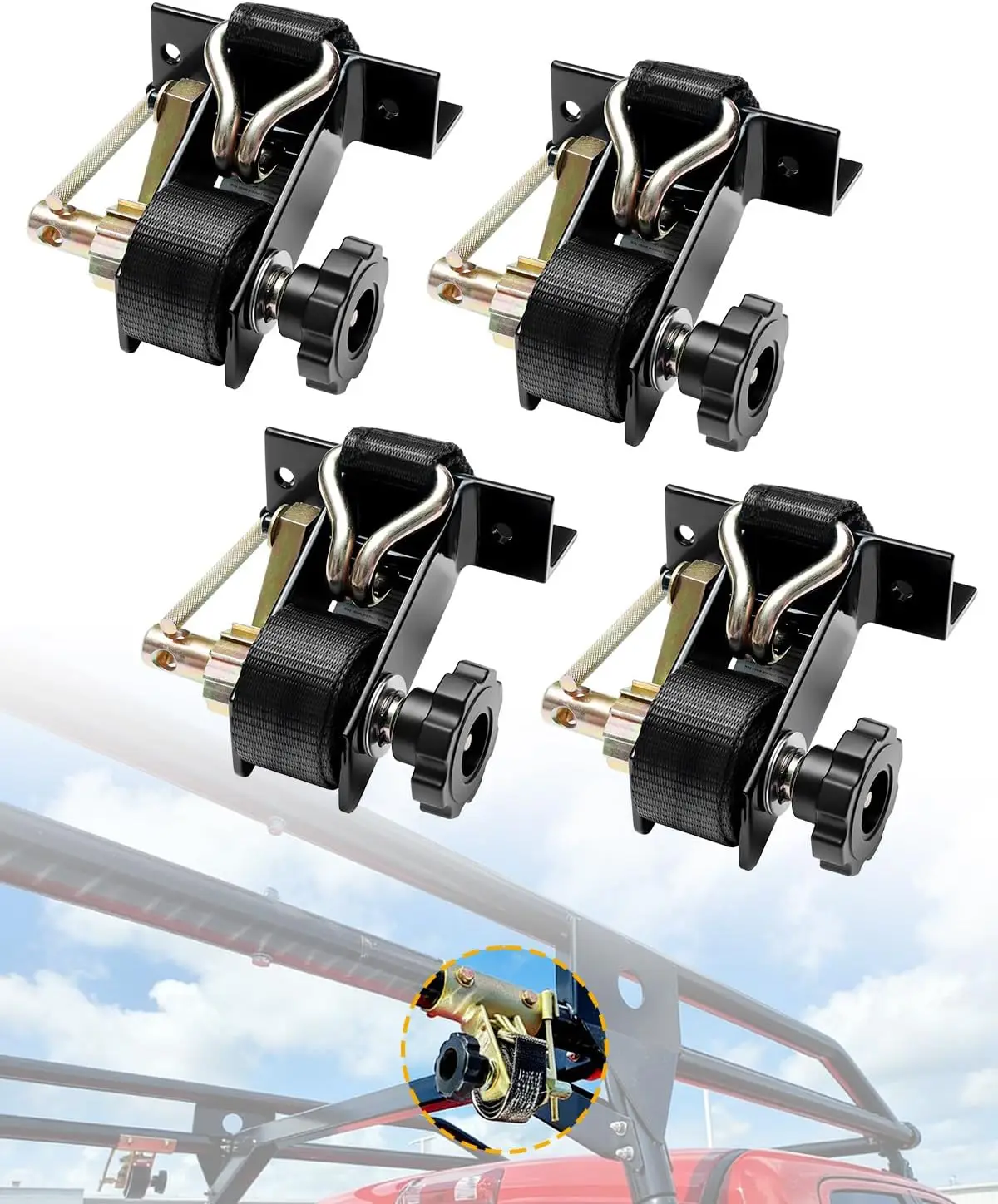 Heavy Duty Ladder Rack Ratchet Straps with J-Hook, 4-Piece Set for Secure Roof Rack Mounting, 500 lbs Load Capacity
Heavy Duty Ladder Rack Ratchet Straps with J-Hook, 4-Piece Set for Secure Roof Rack Mounting, 500 lbs Load Capacity