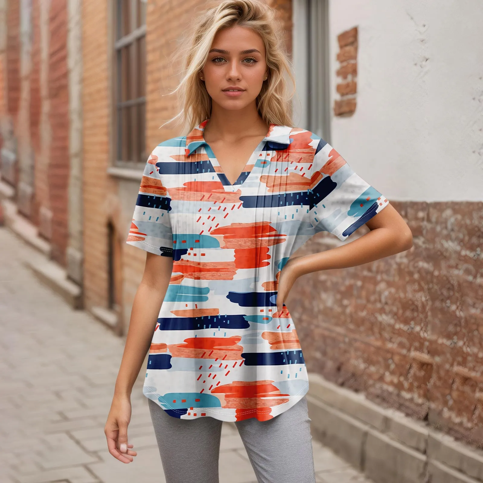 2025 Polo Shirts Woman New Womens Short Sleeve T Shirts Pleated V Neck Printing Tee Collared Summer Tops Fashion Business
2025 Polo Shirts Woman New Womens Short Sleeve T Shirts Pleated V Neck Printing Tee Collared Summer Tops Fashion Business