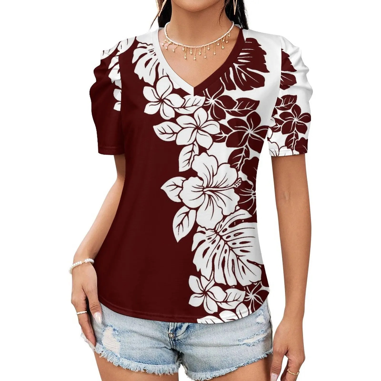 Hot Selling Wholesale Custom Fiji Polynesian Tribal Print Summer Ladies Tops Latest Design V Neck T-Shirts Plus Size Clothing
Hot Selling Wholesale Custom Fiji Polynesian Tribal Print Summer Ladies Tops Latest Design V Neck T-Shirts Plus Size Clothing
