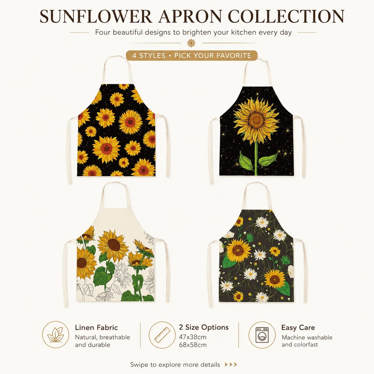 Cute Sunflower Flower Print Linen Apron Sleeveless Kitchen Cooking Pinafore For Women Chef Restaurant Work BBQ Bib
Cute Sunflower Flower Print Linen Apron Sleeveless Kitchen Cooking Pinafore For Women Chef Restaurant Work BBQ Bib