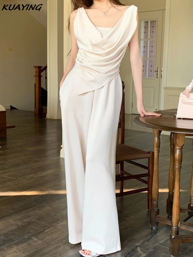 Hot Girl Casual Suit Women's Summer Swing Collar Sleeveless Top High Waist Wide Leg Trousers Two-piece Set Female Clothes New
Hot Girl Casual Suit Women's Summer Swing Collar Sleeveless Top High Waist Wide Leg Trousers Two-piece Set Female Clothes New