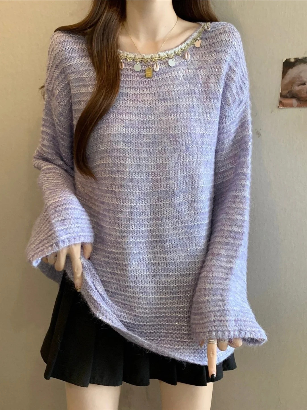 Вязаный свитер с пайетками, фиолетовый, длинный, больших размеров, женский, осенне-зимний, модный, скрывающий недостатки фигуры
Вязаный свитер с пайетками, фиолетовый, длинный, больших размеров, женский, осенне-зимний, модный, скрывающий недостатки фигуры