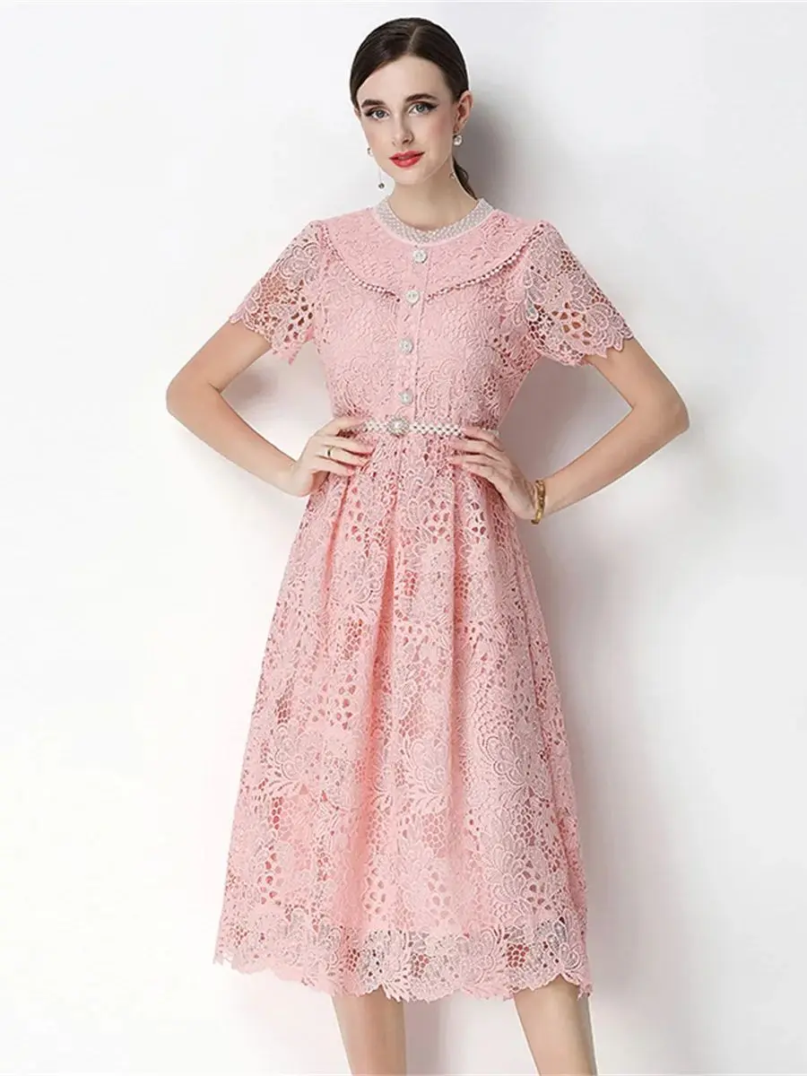 Solid Splice Pearl Chain Beaded Luxury Embroidery Lace Prom Evening Dresses Women Summer Short Sleeve Hollow Out Midi Dress
Solid Splice Pearl Chain Beaded Luxury Embroidery Lace Prom Evening Dresses Women Summer Short Sleeve Hollow Out Midi Dress