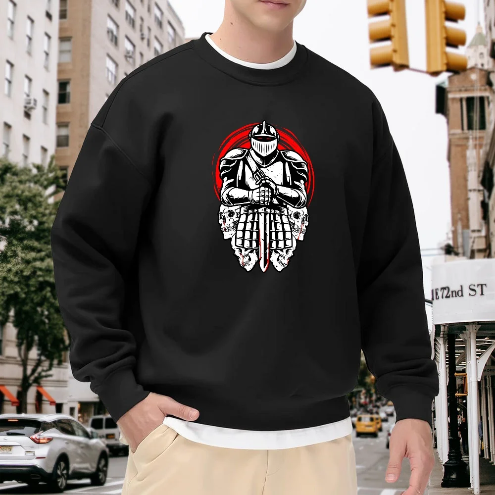 Men's Black Crew Neck Pullover Sweatshirt with Knight Print Pattern, Street Fashion Style, Loose Fit, Versatile Top for Everyday Casual Wear, Comfortable and Breathable
Men's Black Crew Neck Pullover Sweatshirt with Knight Print Pattern, Street Fashion Style, Loose Fit, Versatile Top for Everyday Casual Wear, Comfortable and Breathable