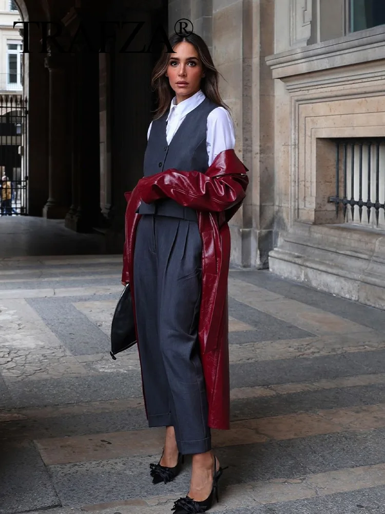 TRAFZA Autumn Elegant Woman Long Sleeve Lapel Pocket Slim Vintage Outerwears Women Belt Single Breasted Faux Leather Long Coat
TRAFZA Autumn Elegant Woman Long Sleeve Lapel Pocket Slim Vintage Outerwears Women Belt Single Breasted Faux Leather Long Coat