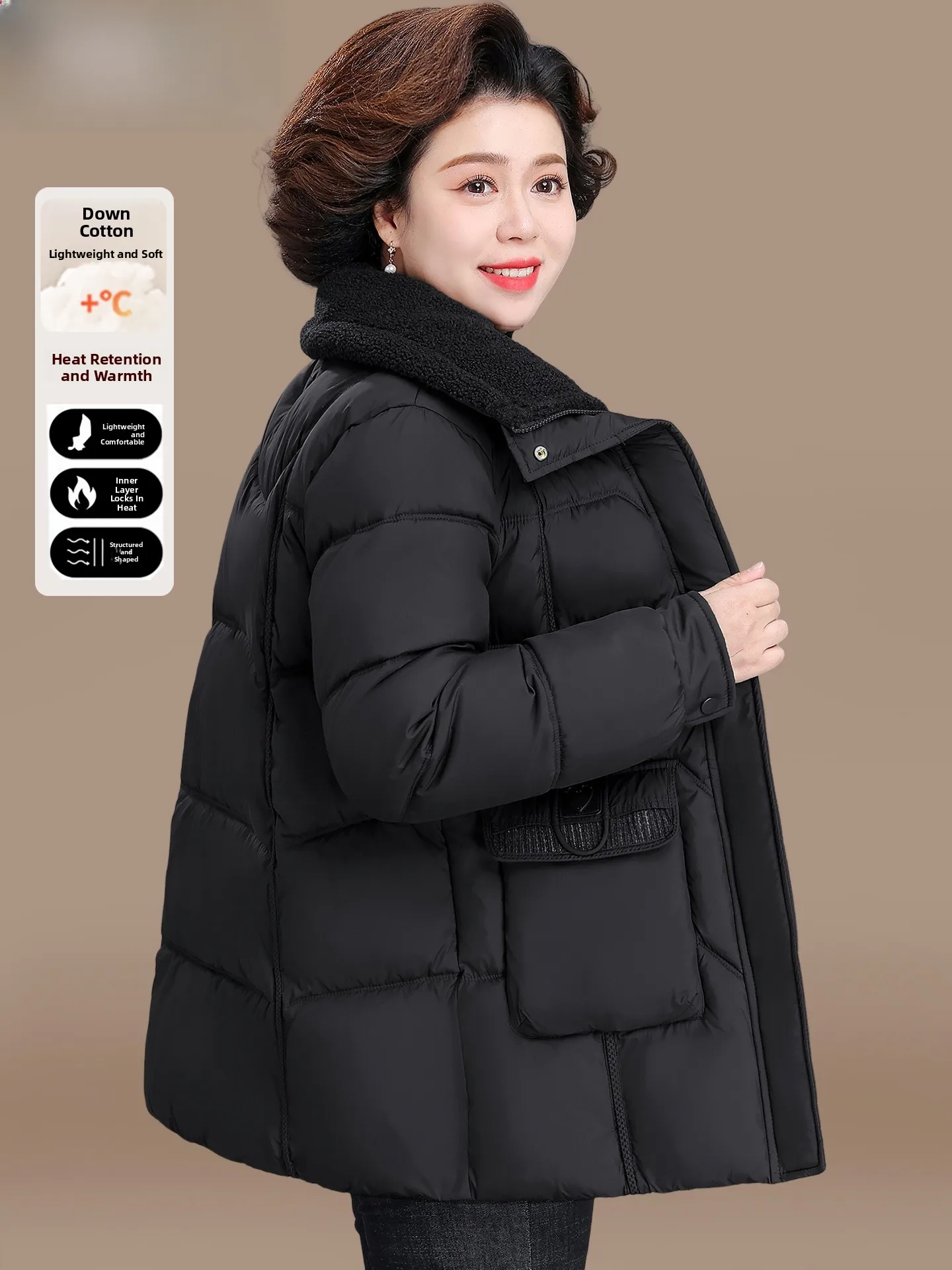 Thickened down Cotton Jacket Mid-Length Casual Style for 50-Something Mothers Winter Warm Coat Female Fashionable Coat
Thickened down Cotton Jacket Mid-Length Casual Style for 50-Something Mothers Winter Warm Coat Female Fashionable Coat