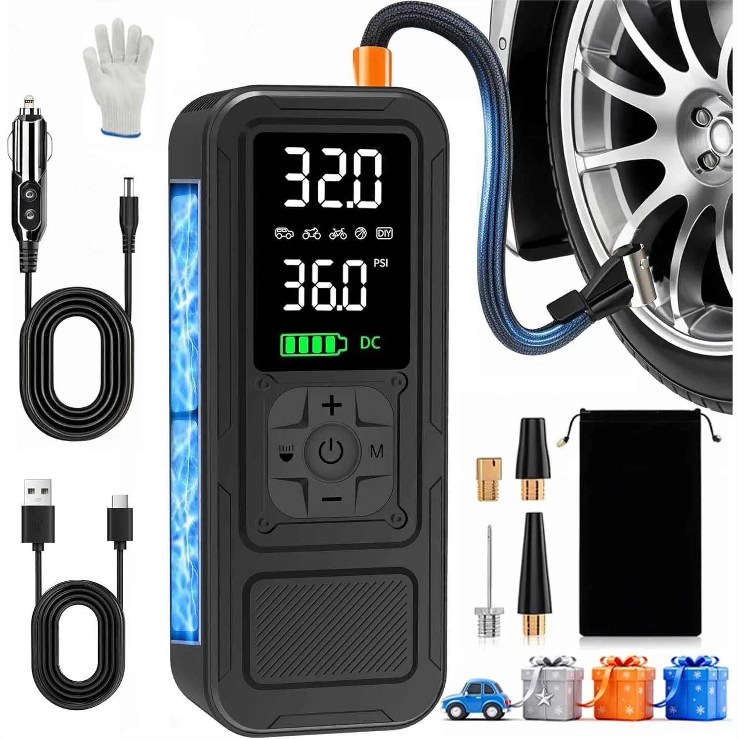 Tire Inflator Portable Air Compressor, 4X Faster Inflation, 6000mAh Cordless/12V DC 150PSI Air Pump with Digital Gauge for Car
Tire Inflator Portable Air Compressor, 4X Faster Inflation, 6000mAh Cordless/12V DC 150PSI Air Pump with Digital Gauge for Car