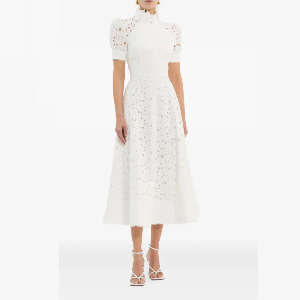 Customized White Eyelet Lace Midi Dress High Neck Puff Sleeve Formal Gown for Wedding Guest
Customized White Eyelet Lace Midi Dress High Neck Puff Sleeve Formal Gown for Wedding Guest