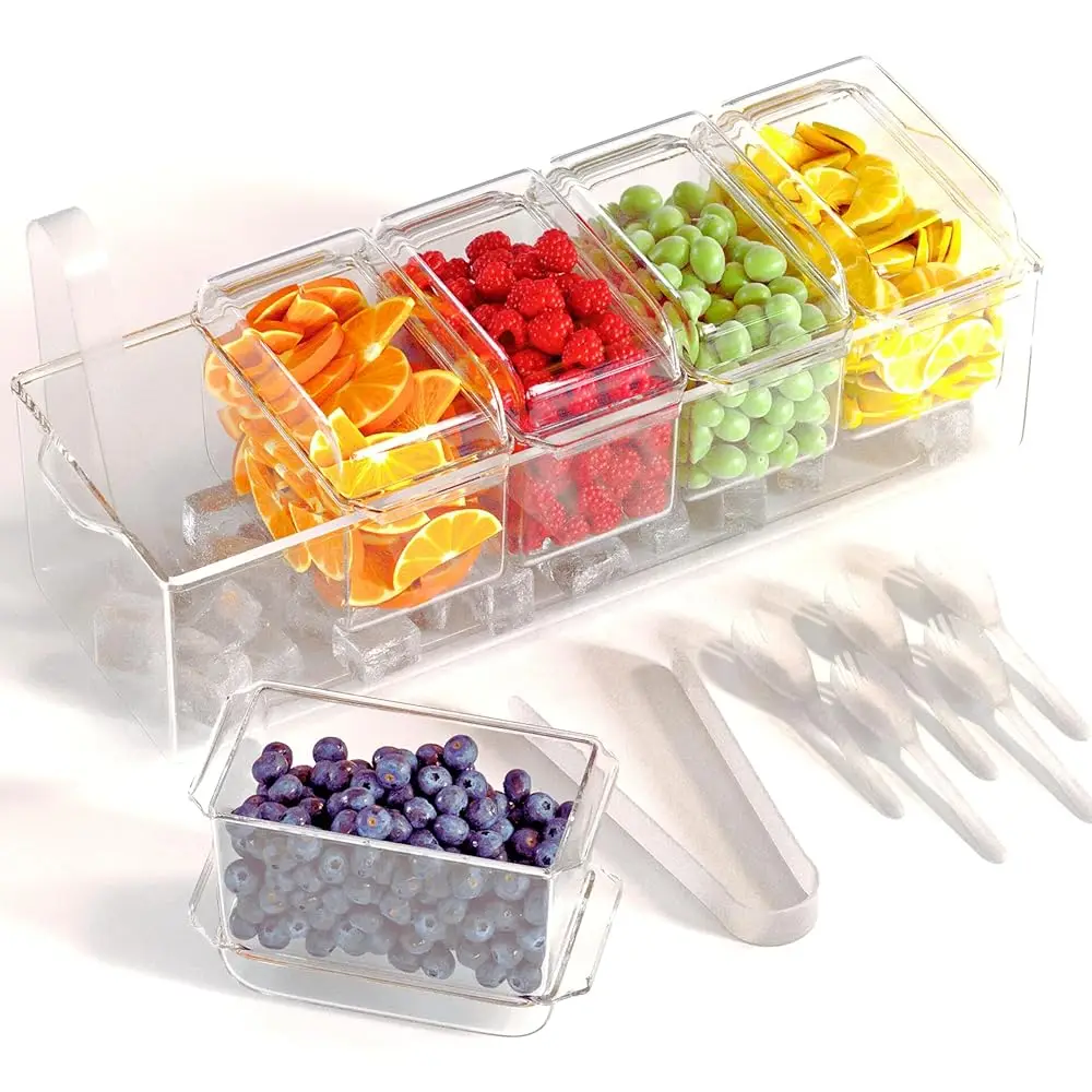 Ice Chilled Condiment Caddy | 5 Containers & 5 Lids | | Hosting Party Supplies Serving Tray Platter | Buffet, Food Server,
Ice Chilled Condiment Caddy | 5 Containers & 5 Lids | | Hosting Party Supplies Serving Tray Platter | Buffet, Food Server,