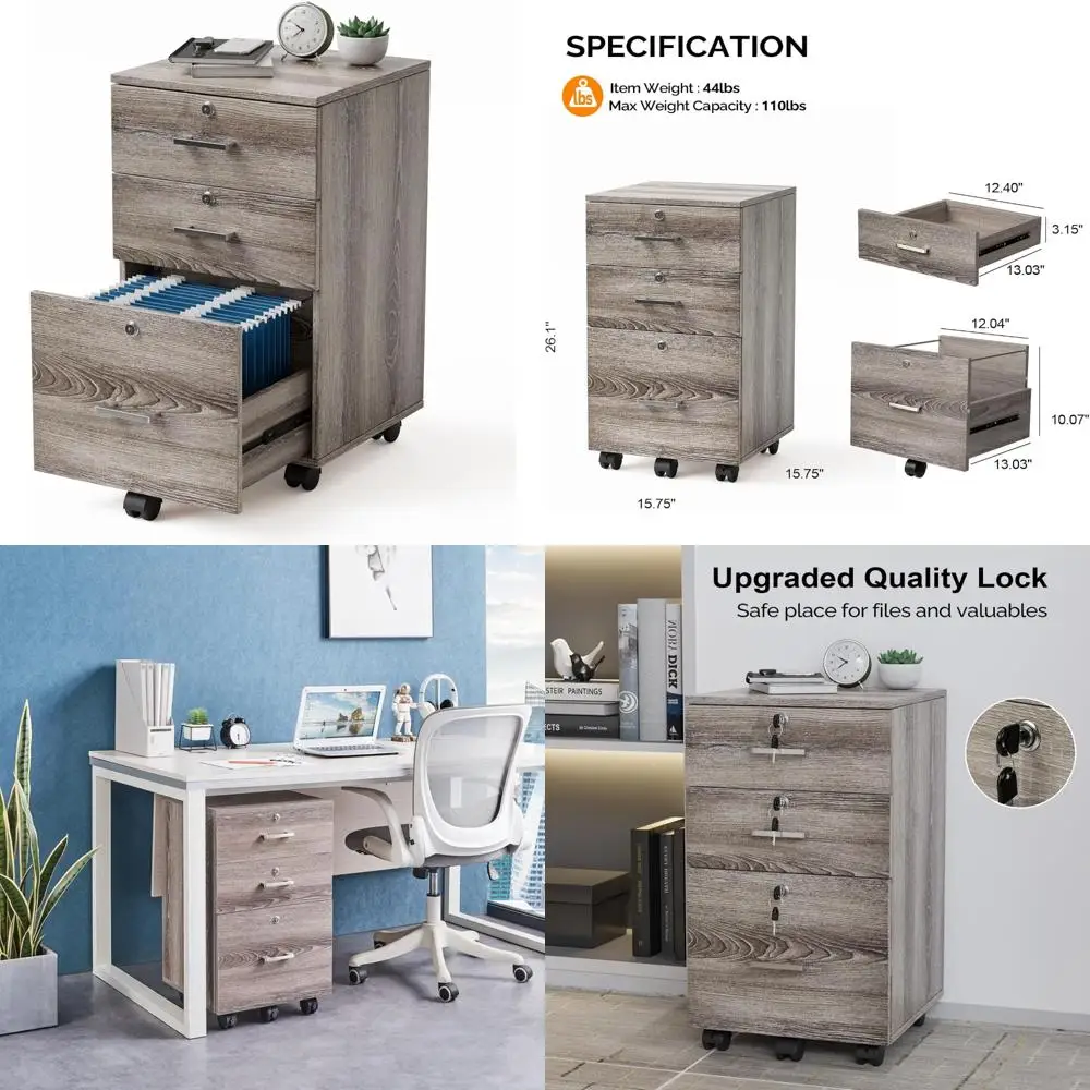 Wooden 3-Drawer Locking File Cabinet for Home Office, Mobile Printer Stand, Under Desk Organization Solution
Wooden 3-Drawer Locking File Cabinet for Home Office, Mobile Printer Stand, Under Desk Organization Solution