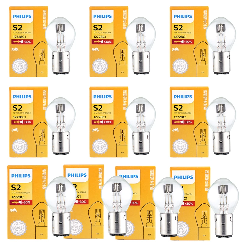 Philips 10 Lamps S2 12V 35/35W BA20d +30% Bright Motor Original Light Motorcycle Halogen Lamp Standard High Low Beam 12728C1
Philips 10 Lamps S2 12V 35/35W BA20d +30% Bright Motor Original Light Motorcycle Halogen Lamp Standard High Low Beam 12728C1