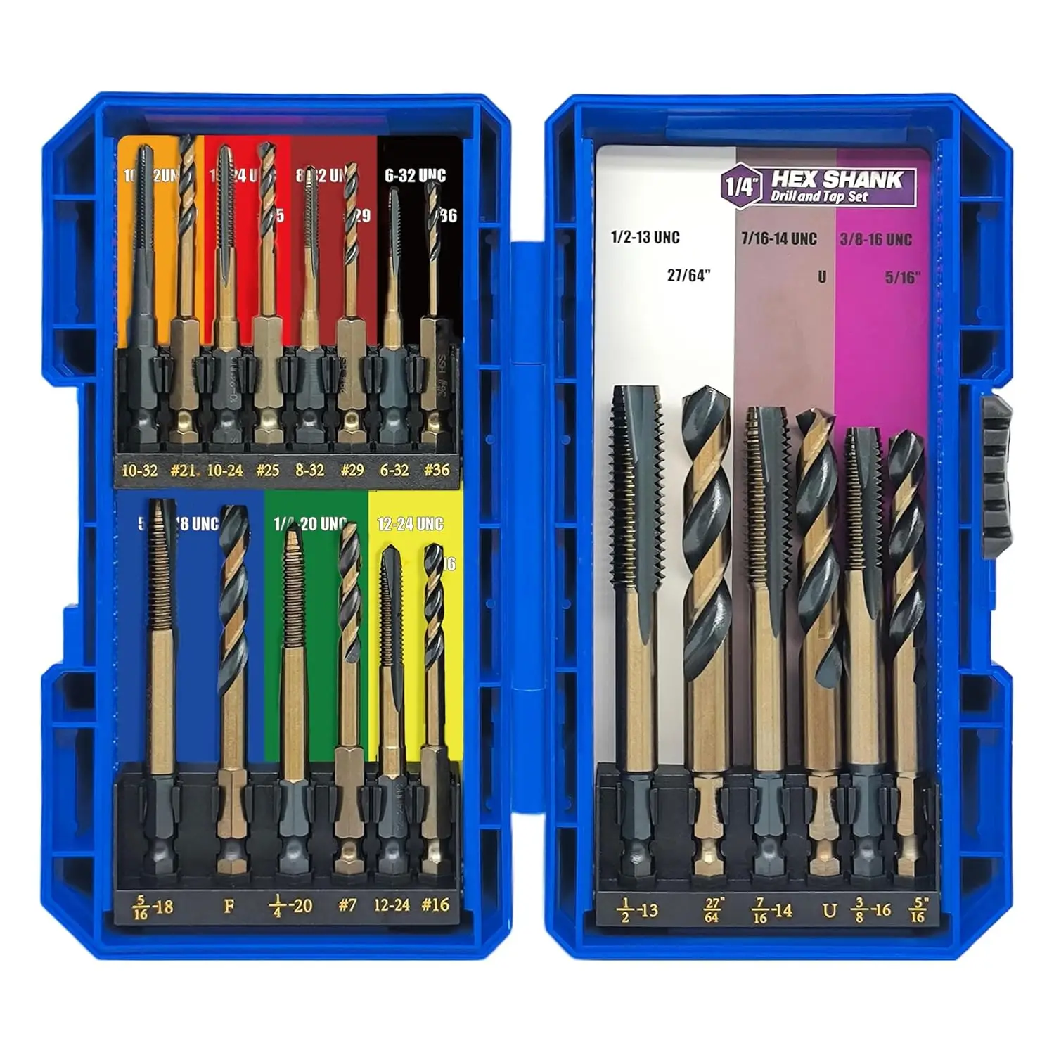 20pcs Hex Shank Drill and Tap Set, Quick Change for Metal, Impact Driver Compatible from 6-32 UNC to 1/2"-13 UNC
20pcs Hex Shank Drill and Tap Set, Quick Change for Metal, Impact Driver Compatible from 6-32 UNC to 1/2"-13 UNC