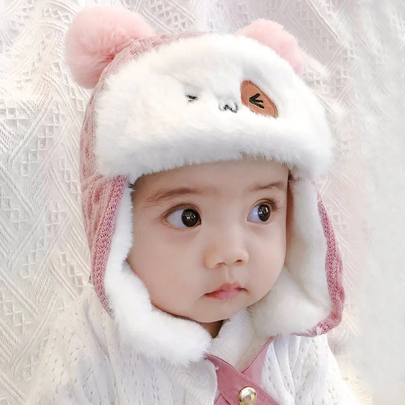Милая мультяшная Детская шапка-ушанка, плотная плюшевая шапка для защиты ушей для малышей 1-3 лет, детская Лыжная шапочка, пушистая меховая вязаная шапка для малышей