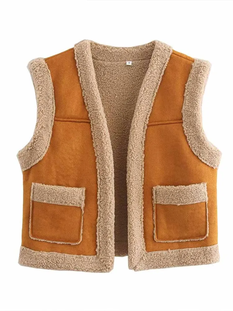 Lambswool contrast color leather jacket sleeveless vest for women autumn new retro style all-match loose thickened top
Lambswool contrast color leather jacket sleeveless vest for women autumn new retro style all-match loose thickened top