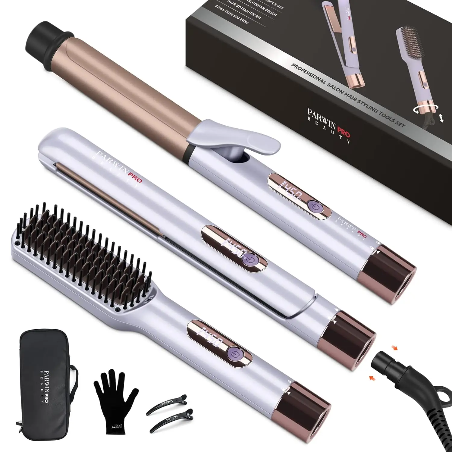3-in-1 Hair Straightener, Curling Iron & Brush with Detachable Cord, LED Temp Control, Dual Voltage, for Home & Travel
3-in-1 Hair Straightener, Curling Iron & Brush with Detachable Cord, LED Temp Control, Dual Voltage, for Home & Travel