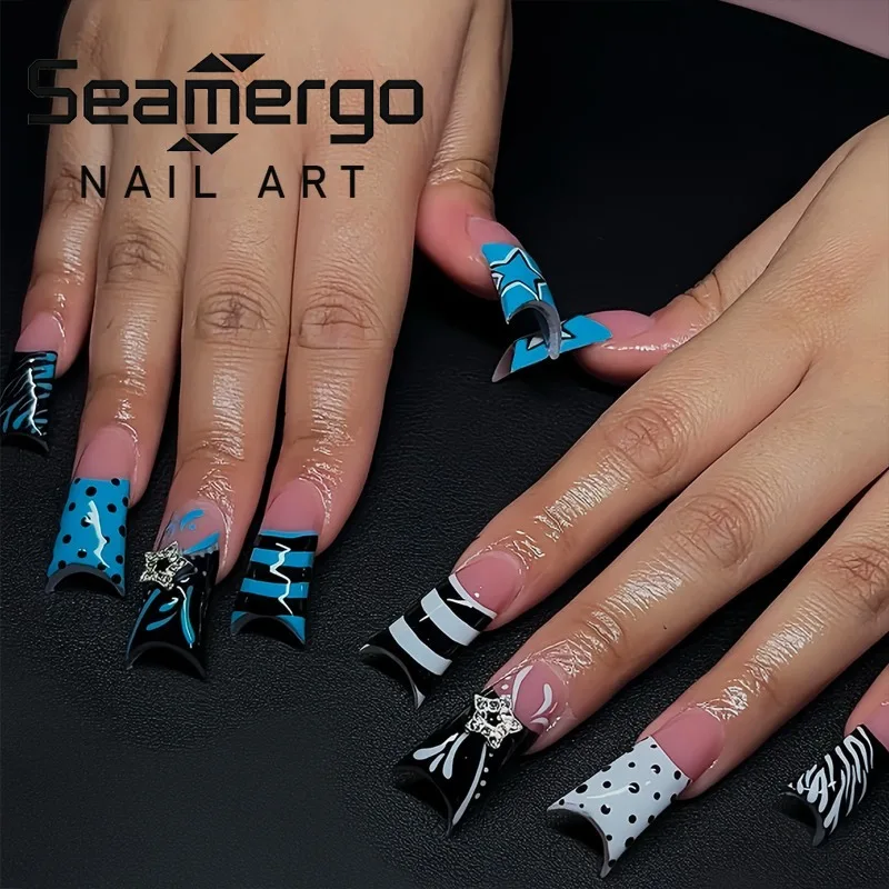 24PCS Blue Black Color Blocking French Duckbill False Nails White Stripes Duck Nails Sweet Cool 3D Metallic Star Press on Nails
24PCS Blue Black Color Blocking French Duckbill False Nails White Stripes Duck Nails Sweet Cool 3D Metallic Star Press on Nails