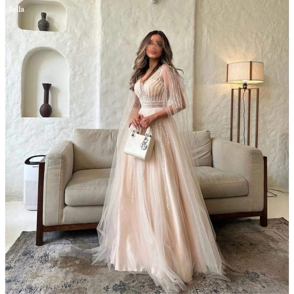 Bella Customized Beading V Neck Backless robes de soirée Shawl Mesh Fabric A-line Evening Dresses Floor-Length Wedding Dress
Bella Customized Beading V Neck Backless robes de soirée Shawl Mesh Fabric A-line Evening Dresses Floor-Length Wedding Dress