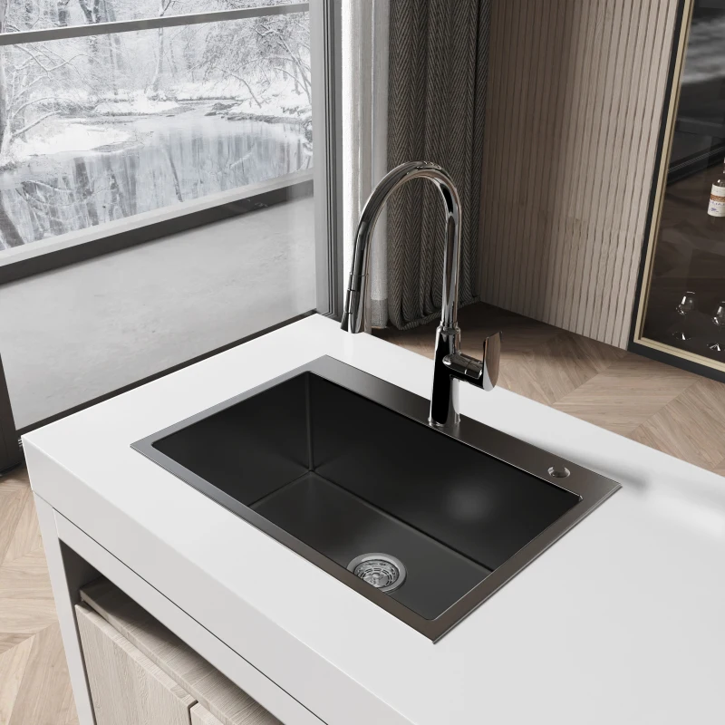 Stainless Steel Kitchen Sink, 27″x19″ Single Bowl, Overmount Handmade Sink in Black, with US Standard Drain and Hook, LS-SSBL01
Stainless Steel Kitchen Sink, 27″x19″ Single Bowl, Overmount Handmade Sink in Black, with US Standard Drain and Hook, LS-SSBL01