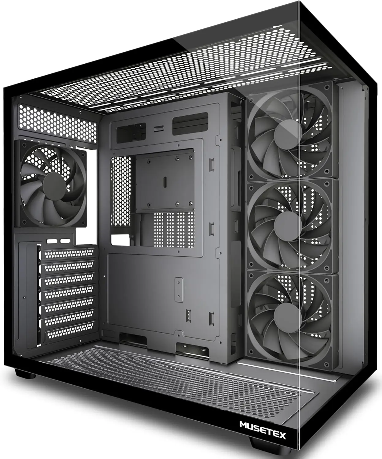 ATX Mid Tower PC Case, Pre-Installed 4 Non-LED Fans, Type-C, 270° Full View Tempered Glass, Black
ATX Mid Tower PC Case, Pre-Installed 4 Non-LED Fans, Type-C, 270° Full View Tempered Glass, Black