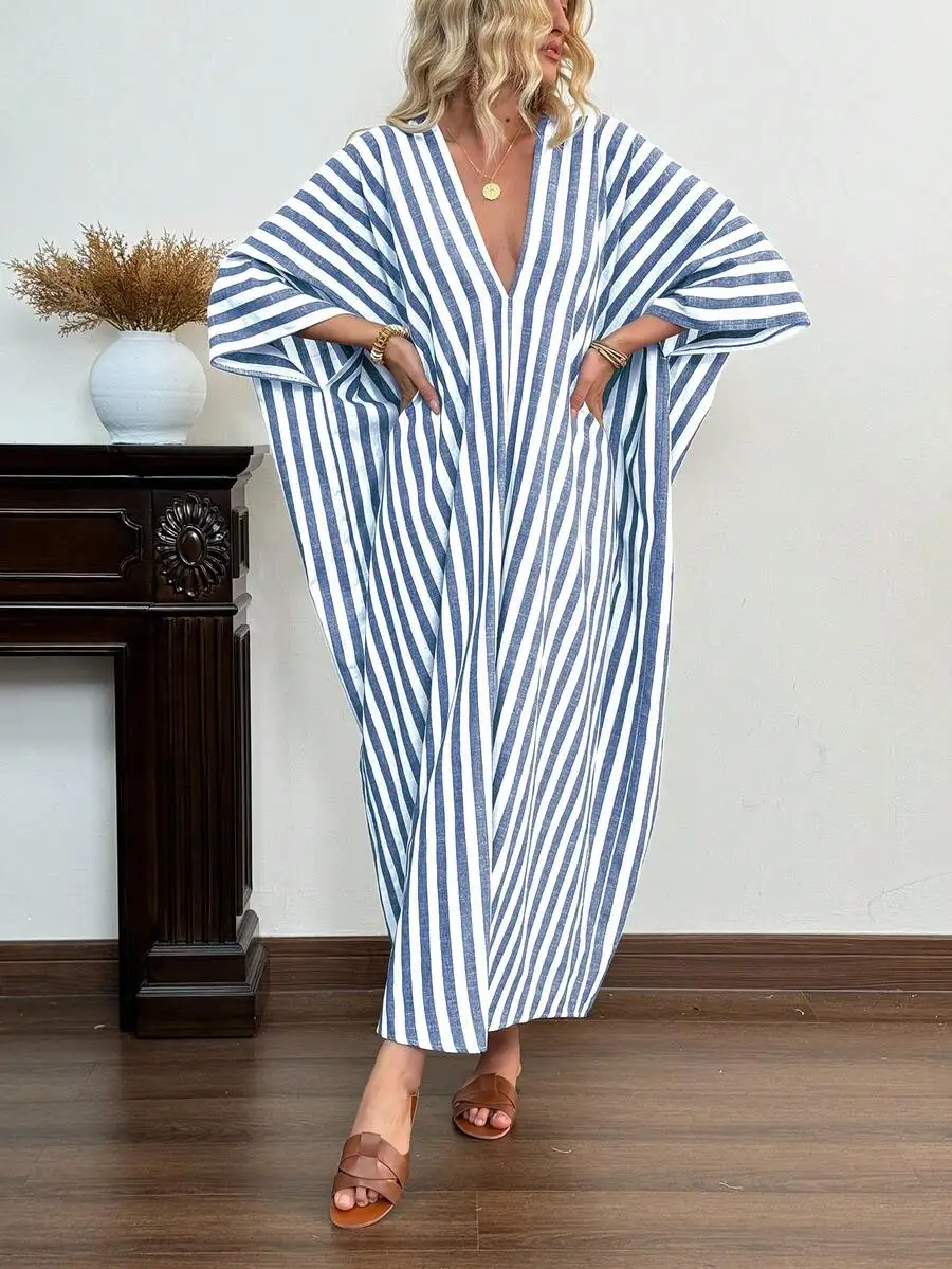 Striped Batwing Sleeve V-Neck Maxi Dress For Women Summer Casual
Striped Batwing Sleeve V-Neck Maxi Dress For Women Summer Casual