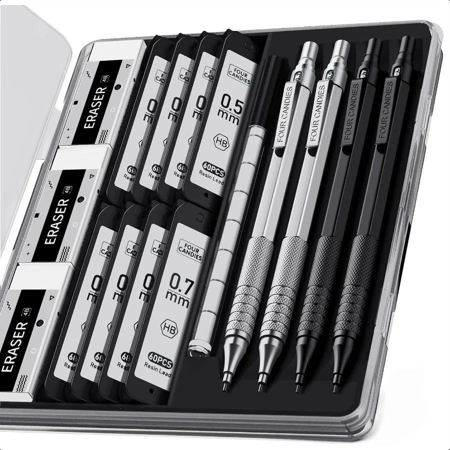 4PCS Metal Mechanical Pencils Set with Case 0.5mm 0.7 mm Artist Pencil with 8 Tubes 480PCS HB Lead Refills 3 Erasers 9 Eraser R
4PCS Metal Mechanical Pencils Set with Case 0.5mm 0.7 mm Artist Pencil with 8 Tubes 480PCS HB Lead Refills 3 Erasers 9 Eraser R
