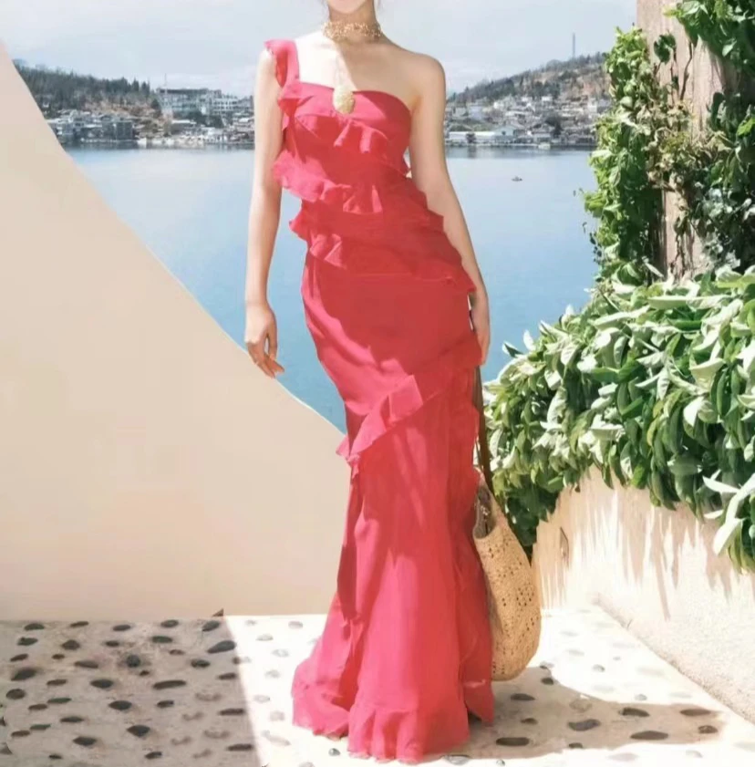 Rose Red Ruffles Elegant Dress Women Streetwear Slash Neck Split Vestidos Bodycon Summer Holiday Party Clothing Lady
Rose Red Ruffles Elegant Dress Women Streetwear Slash Neck Split Vestidos Bodycon Summer Holiday Party Clothing Lady