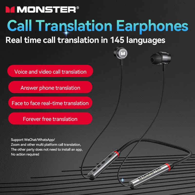 Monster Wireless AI Instant Translator Earbuds Bluetooth5.3 Headphones Sports Earphones, HD Call, Stereo Music, Neckband Headset
Monster Wireless AI Instant Translator Earbuds Bluetooth5.3 Headphones Sports Earphones, HD Call, Stereo Music, Neckband Headset