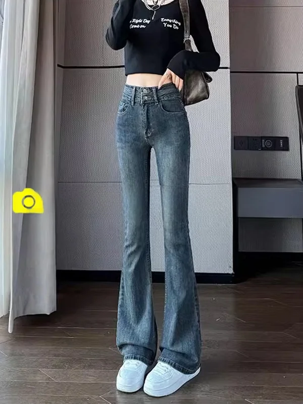 Облегающие эластичные джинсы с высокой талией, женские расклешенные брюки-карго длиной 45 см, повседневные длинные джинсы с высокой посадкой 
Облегающие эластичные джинсы с высокой талией, женские расклешенные брюки-карго длиной 45 см, повседневные длинные джинсы с высокой посадкой