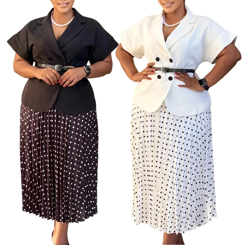 New Arrivals Women Clothes Short Sleeve Blouse Tops and Polka Dot Midi Skirt Suit High Quality 2pcs Set for Church Office Outfit
New Arrivals Women Clothes Short Sleeve Blouse Tops and Polka Dot Midi Skirt Suit High Quality 2pcs Set for Church Office Outfit