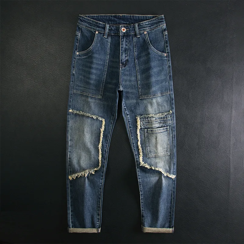 High end spliced jeans for men, slim fit, small feet, elastic patch, fabric, rough edges, personalized motorcycle trend pants
High end spliced jeans for men, slim fit, small feet, elastic patch, fabric, rough edges, personalized motorcycle trend pants